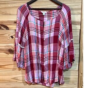 Cato EST. 1946 Women's 18/20W Pink Plaid Bell Sleeve Lace Boho Cottage Top Tunic
